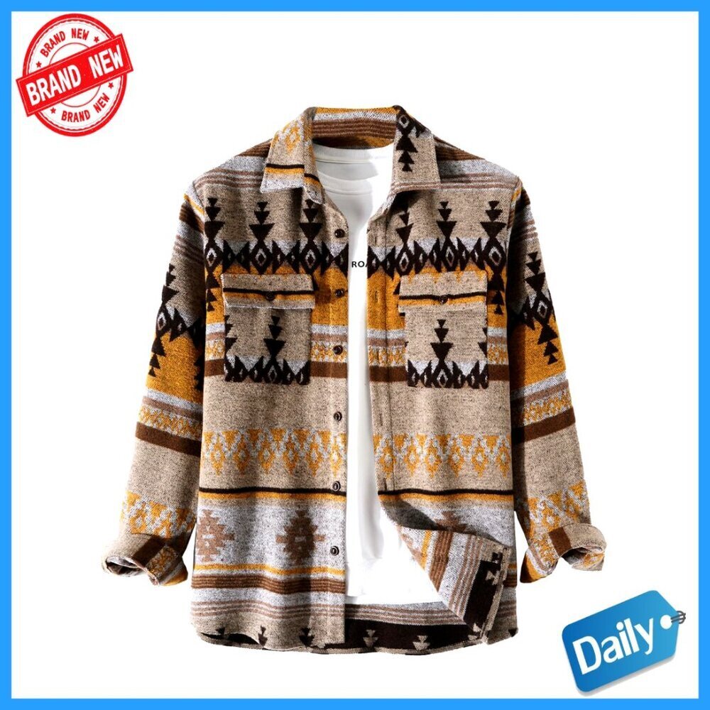 Casual Aztec Print Button Down Woolen Long Sleeve Western Shacket Jacket Coat